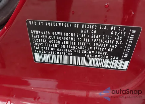 2016 Volkswagen Jetta 1.4T S из США, поврежденный, VIN 3VW267AJ6GM246790